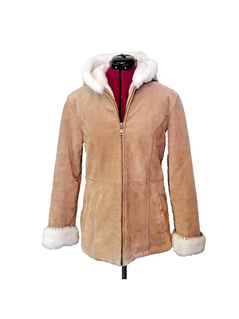 Wilsons Leather Womens Jacket M Medium Tan Suede Faux Fur Hooded Coat Full Zip